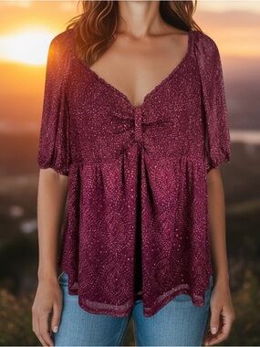 DR2 Daniel Rainn Burgundy Puff Peasant Sweetheart Smock V-Neck Blouse NWOT